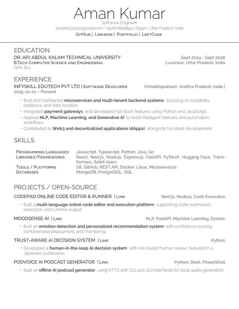 Preview of Aman Kumar's one-page résumé